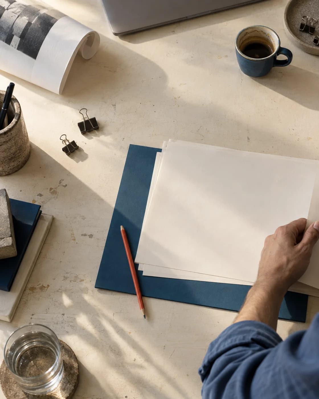 Una mesa de trabajo con papeles, una carpeta azul y la luz de la tarde.